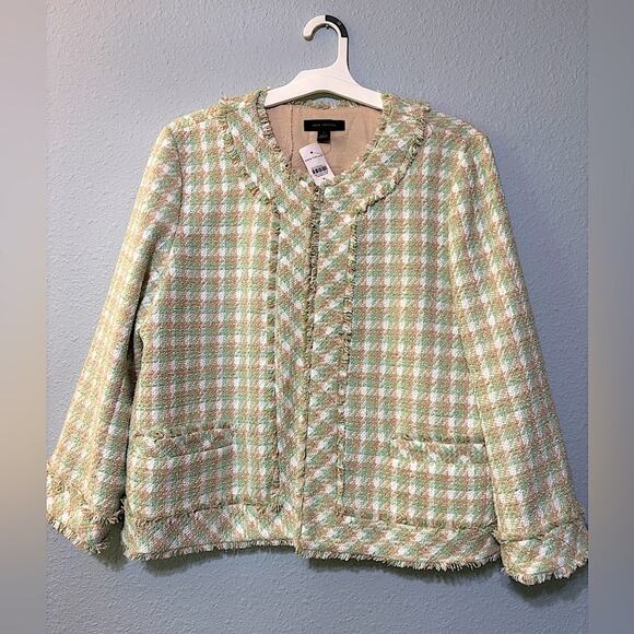 Ann Taylor NWT Mint Green, White & Tan Tweed Fringe Trim Jacket 16 - Picture 1 of 6
